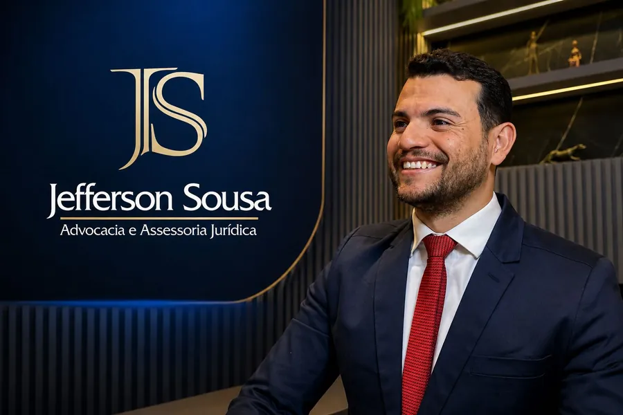 O advogado Jefferson Sousa sorrindo no escritório